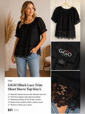 GiGiO Black Lace Trim Short Sleeve Top Size L